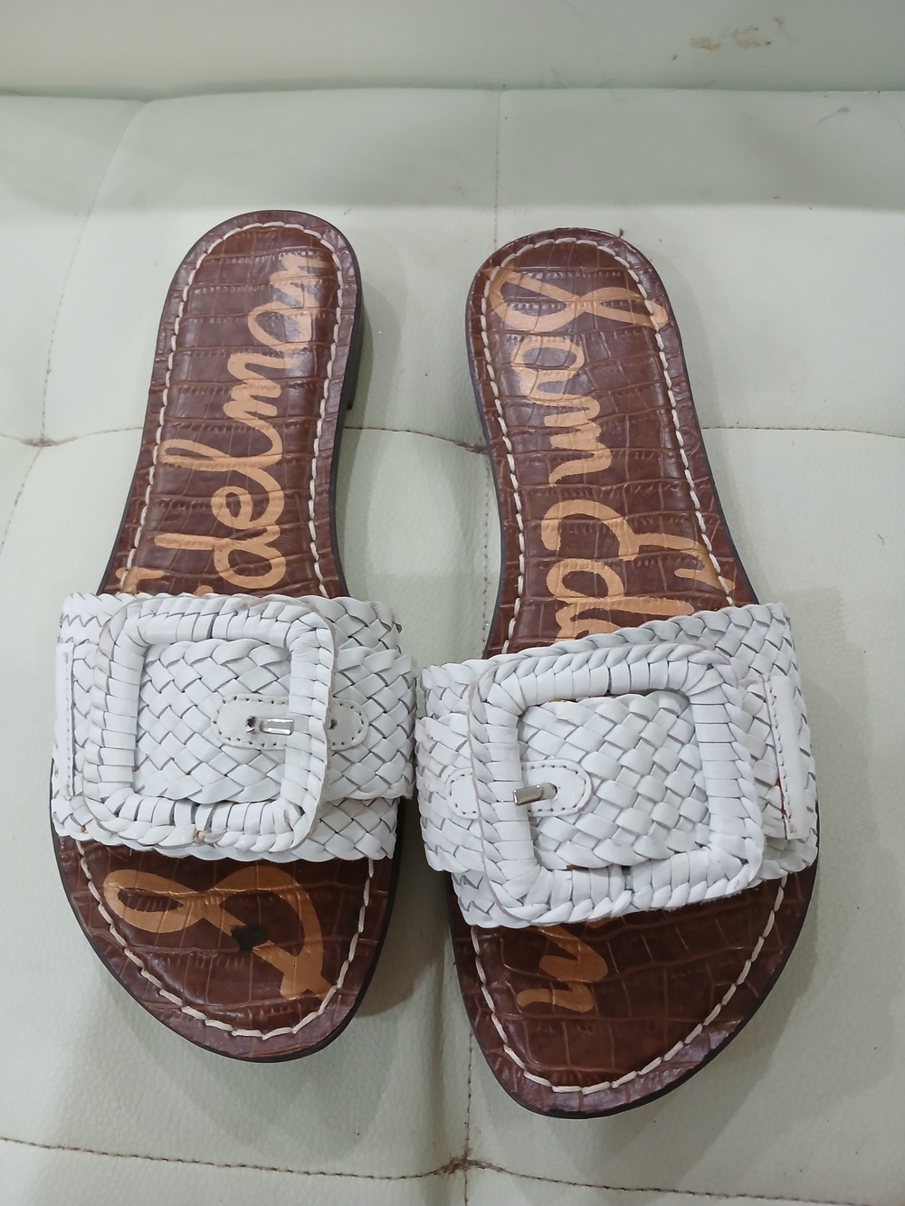 Sam Edelman White Woven Buckle Slide Mules